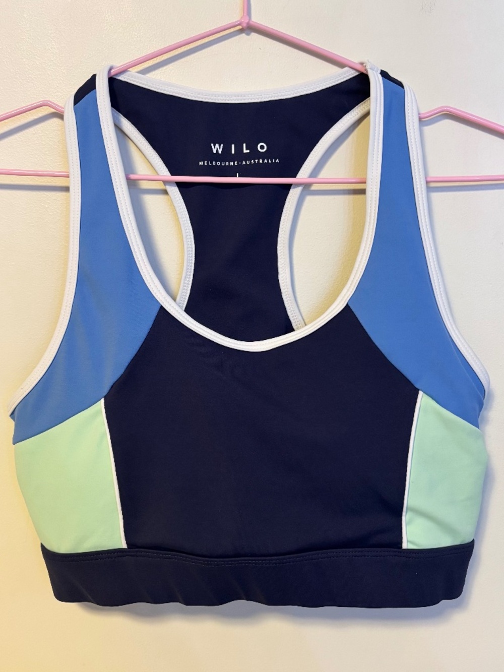 WILO Active Work Out Racer Panel Sports Bra Blue Mint Green Womens Size Large